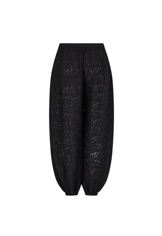 Black lace harem pants with a gathered elastic waist and tapered legs, shown against a plain white background.
