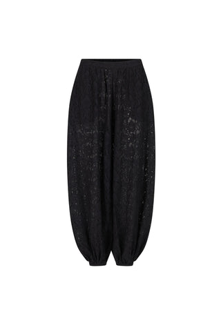 Black textured harem-style pants with a gathered elastic waist and tapered legs, shown against a plain white background.
