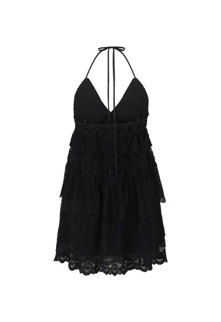 A black halter-neck mini dress with a tiered ruffle skirt and lace trim, shown against a plain white background.
