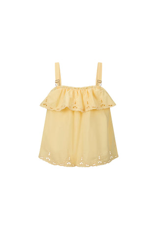 A pale yellow eyelet lace top with double shoulder straps and a ruffled neckline, displayed against a solid white background.