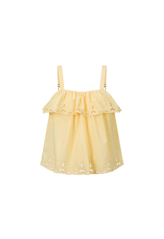 A pale yellow eyelet cotton top with thin shoulder straps, a ruffled neckline, and a tiered skirt, shown against a plain white background.