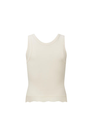 An off-white ribbed tank top with a scalloped lace hem, displayed on a clean white background.
