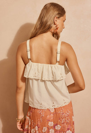 A woman shown from the back wearing a cream ruffled spaghetti-strap top with eyelet lace trim and a peach floral skirt against a warm beige wall.
