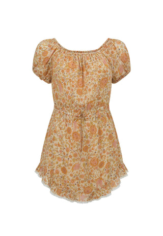  wearing a short off-the-shoulder floral dress in orange and cream tones with a wide brown belt